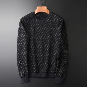 

NEW Add Velvet Sweatshirt Men Luxury Round Collar Yarn Dye Stripe Sweatshirt Male Autumn And Winter Slim Fit Mens Hoodies 4XL