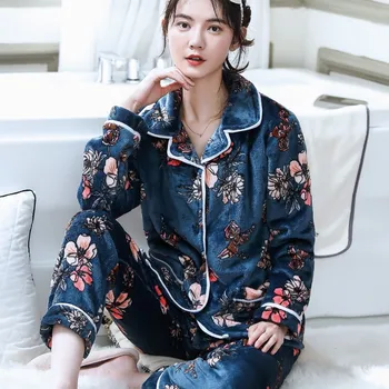 

Women Winter Warm Nightwear Sleep Set Print Flower Flannel Pajamas Set Sleepwear Thick Coral Fleece Homewear Casual Bathrobe