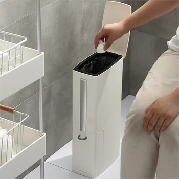 

Narrow Trash Bin Bathroom Trash can with Toilet Brush Garbage Bag Holder Waste Bin Home Plastic Rubbish Bin Dustbin 3 in 1