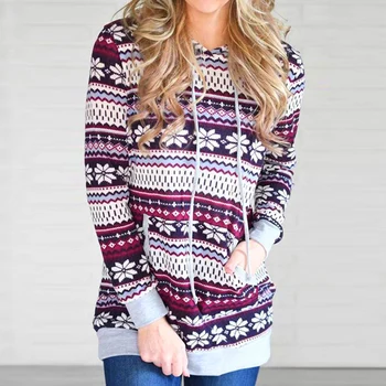 

Xmas Lady Floral Print Long Sleeve Drawstring Hooded Sweatshirt Hoodie Women's Fashion Cotton Sweatshirt for Travel/Shopping/Off