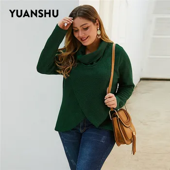 

YUANSHU Green Turtleneck Plus Size Autumn Winter Sweater Women Button Knitted Pullove Asymmetric Sweaters XL-4XL Women Clothes