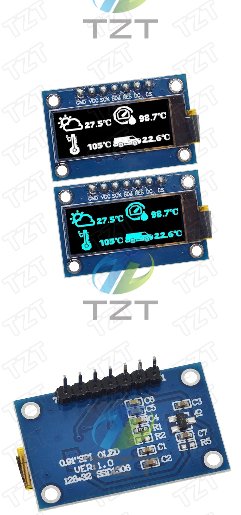 1/3 Stück SSD1306 7PIN 0,91 Zoll 128x32 SPI OLED-Modul 0,91" OLED-Anzeigemodul Weiß-Blaues OLED-Bildschirmmodul für Arduino – Detail 5