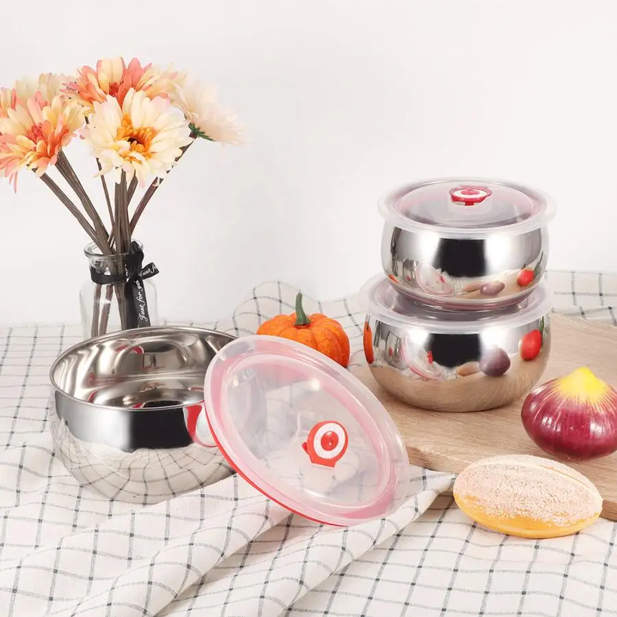 3Pcs Versatile Portable Stainless Steel Round Fresh Bowl Seal Bowl With Lid Food Preservation 4pcs Kitchen Food Sealing
