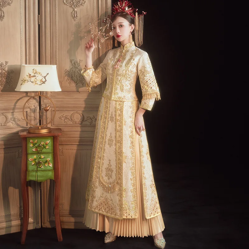 

Big Size 4XL Chinese Women Wedding Dress Embroidery Cheongsam Chinese Style Marriage Set Slim Bride Costume Lady Gift