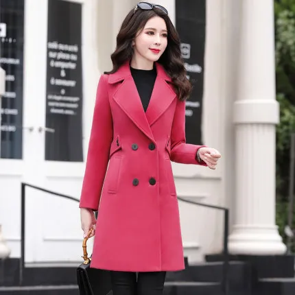 Watermelon red Зимнее новое шерстяное пальто для женщин, корейское длинное двубортное шерстяное пальто, модная верхняя одежда, плюс размер, тонкая шерстяная куртка, Женское пальто - Цвет: Watermelon red