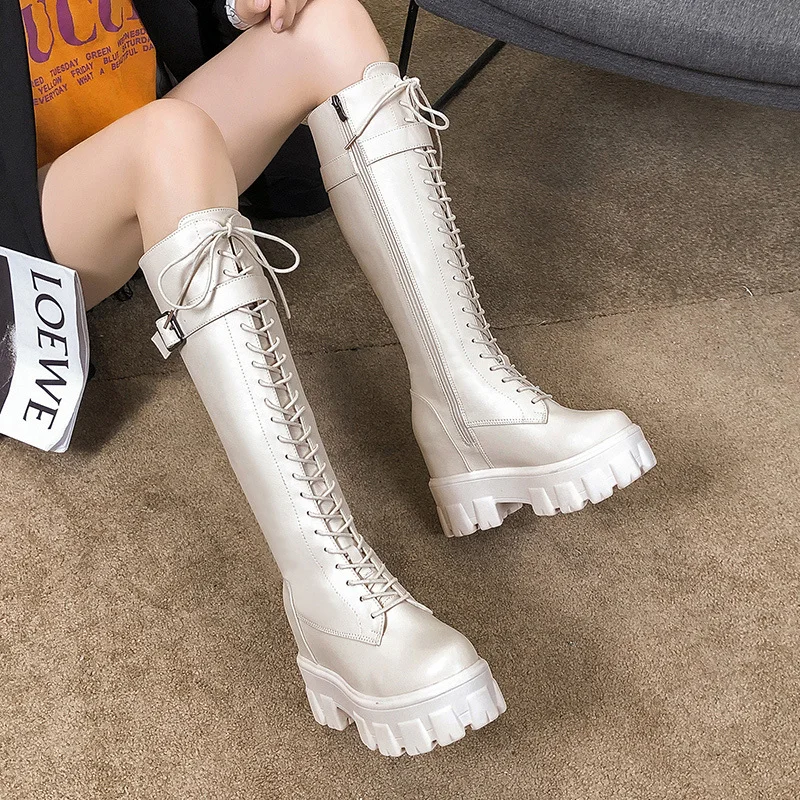 patent leather knee high boots fashion women's increased shoes winter warm lace-up long boots platform punk boots