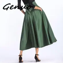 Genuo Новинка Женская длинная юбка макси с разрезом винтажная Женская модная плиссированная Расклешенная юбка с карманами на шнуровке с бантом размера плюс 4XL