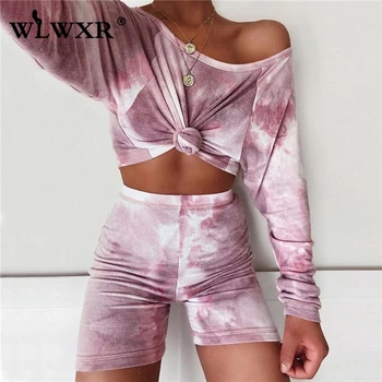 

WLWXR Casual Tie Dye Summer Outfits Suits 2 Piece Set Women Long Sleeve Crop Top Biker Shorts Set Ladies Tracksuit Matching Sets