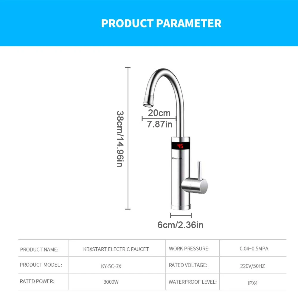 Электрический кран CABWEHOME с цифровым дисплеем, кухонный кран, мгновенный нагреватель воды, нержавеющая сталь, 3000 Вт, без резервуара