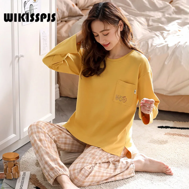 

WIKISSPJS 2021 New Style Pajamas Women's Spring Cotton Long Sleeve Home Clothes Cotton Leisure Lovely Suit Women Loungewear