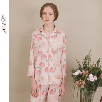 

Autumn Breathable Satin Pajamas Large Peach Printing Pijamas Women Long Sleeve Pants Sleepwear Turn-down Collar 2 Piece Pijama