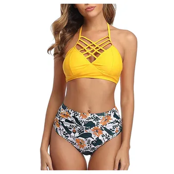 

#Z30 Tropical Palms Twist-Front High-Waisted Bikini Sexy Lace Up Swimsuit Two Pieces Swimwear Women 2020 Beach Bathing Suit