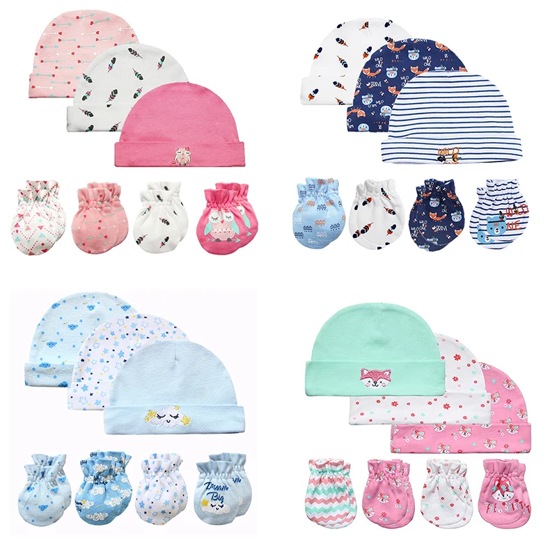 Newborn Baby 3 Caps and 4 Scratch Mittens 0-3 Month Baby Accessories Cotton Hat&Gloves