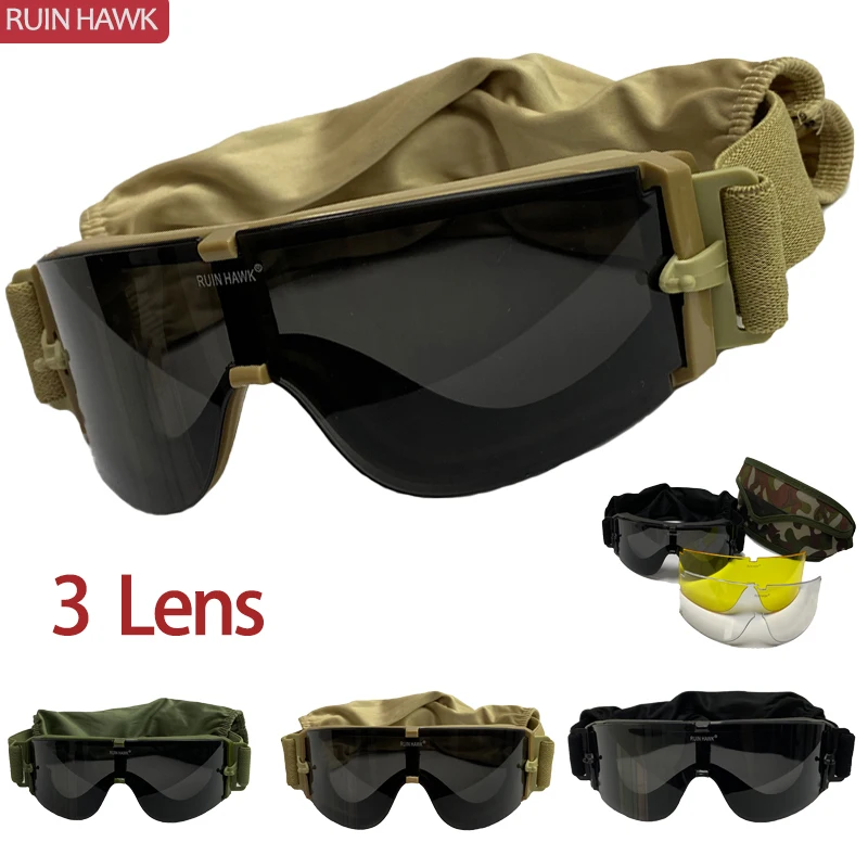 High Quality Military Airsoft Tactical Goggles Shooting Glasses X800 Black 3 Lens Motorcycle Windproof Wargame Outdoor | Спорт и