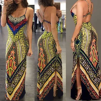 

SUNGIFT 2019 African Women Dress Dashiki Open Back Ethnic Print Side Slit Maxi Dress Backless Maxi Dress 2019 Summer Sexy Dress