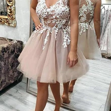 Кружевное платье мини-платья для возвращения на родину линия с V-образным вырезом Тюль платья на выпускной для девушек, Новинка