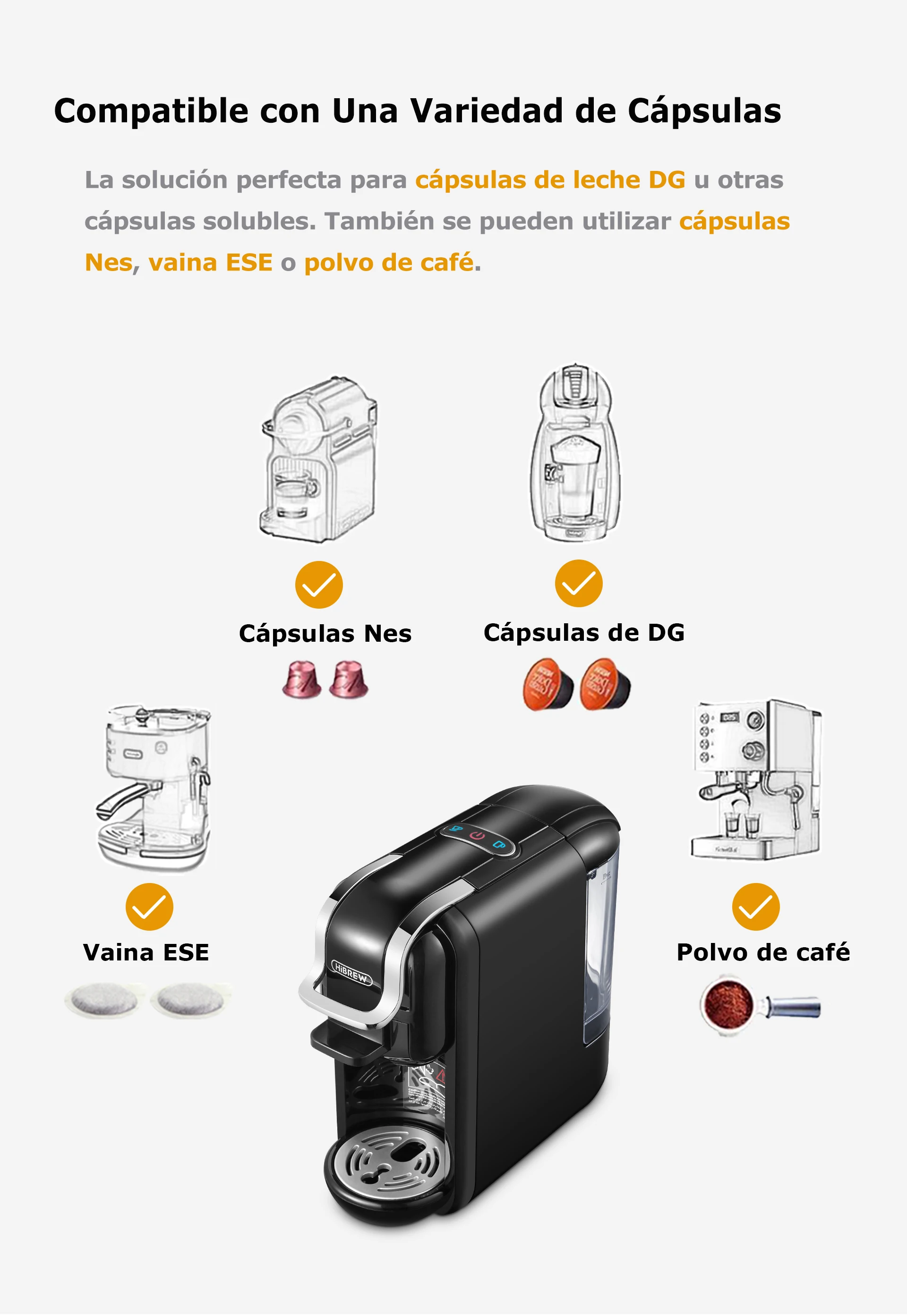 HiBREW - Cafetera Para Cápsulas Múltiples, Compatible Con Nespresso, Dolce  Gusto, Café Molido. Para Caliente/frío. De 19BAR- 5 EN 1