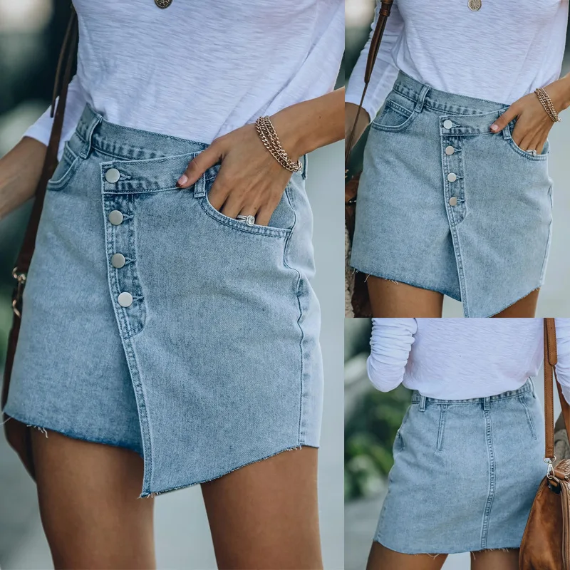 Summer Women Denim Skirt Fashion Button High Waist Patchwork Asymmetrical Jeans Skirt Female