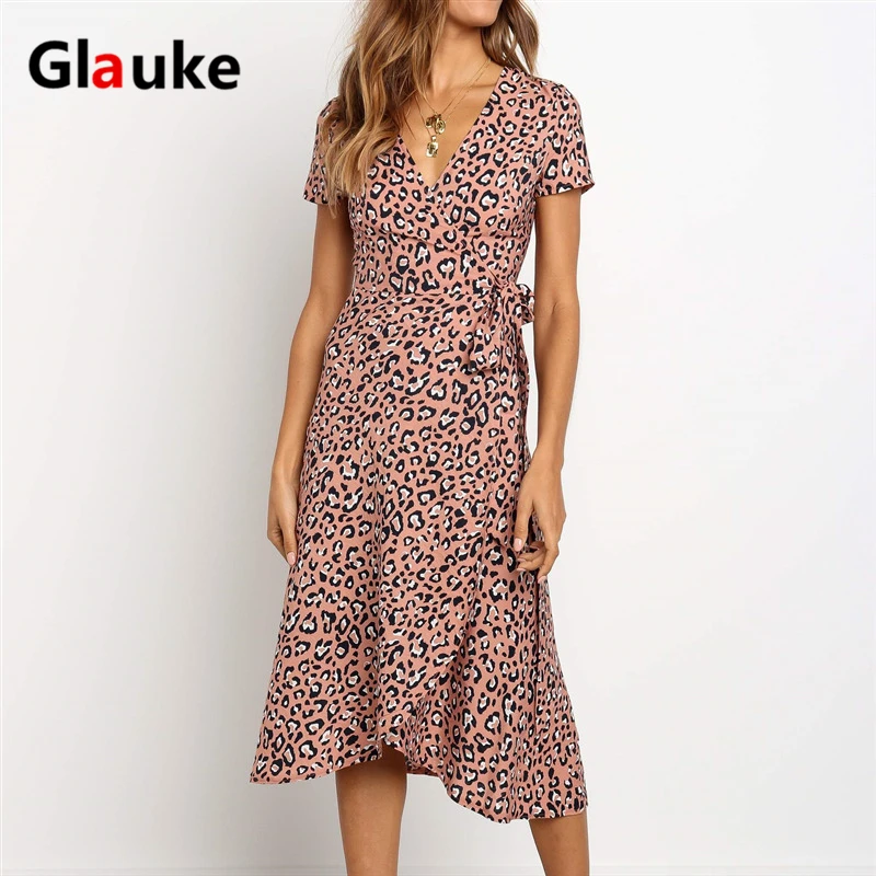 

GLAUKE Summer chiffon dress v-neck leopard print tall waist with ms hot spot hot style