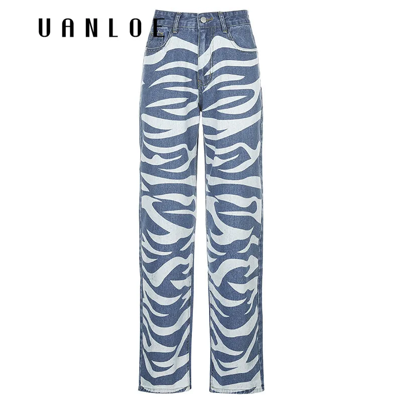 

Zebra Pattern Print Jeans Women High Waist Button Fly Streetwear Straight Trousers 90s Vintage Pockets Loose Denim Pants