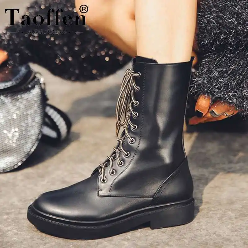 Taoffen Casual mujer moto Botas cuero Real cómodo Mediados de pantorrilla Botas  mujer invierno cálido Botas calzado talla 33 43|Botas a media pantorrilla|  - AliExpress