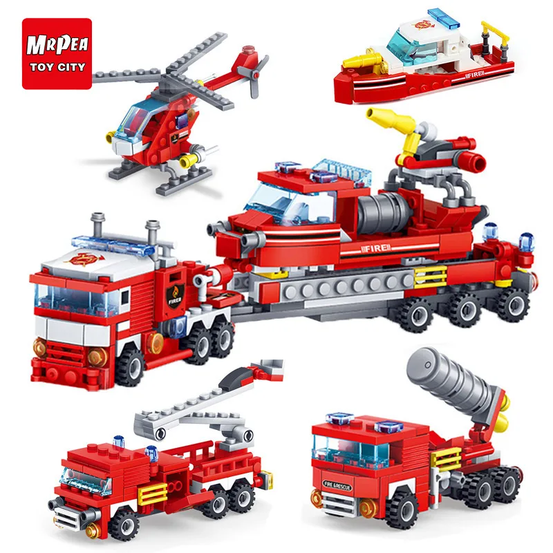 

348pcs Fire Fighting 4in1 Trucks Car Helicopter Boat Building Blocks compatible legoed City Firefighter Bricks Toys for children