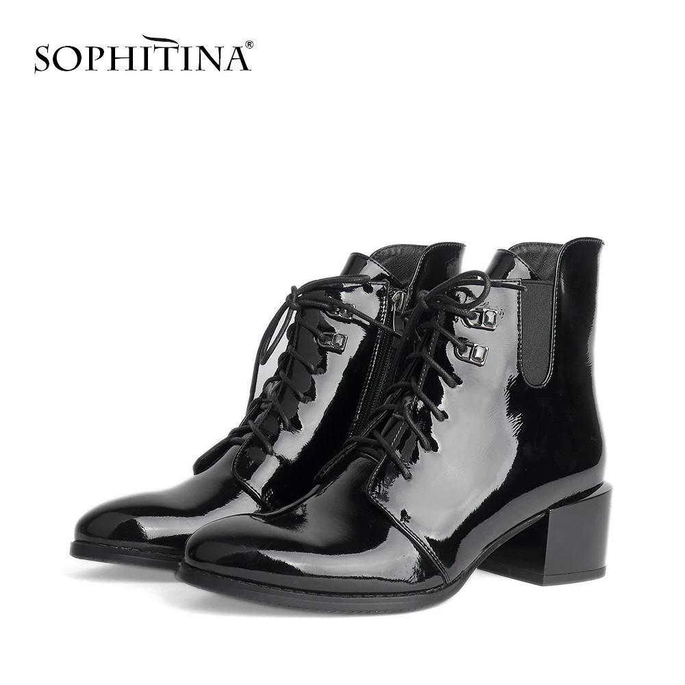 

SOPHITINA Black Warm Ankle Boots High Qualilty Patent Leather Med Heel Lace Up Round Toe Women Shoes New Hot Sale Boots SC593