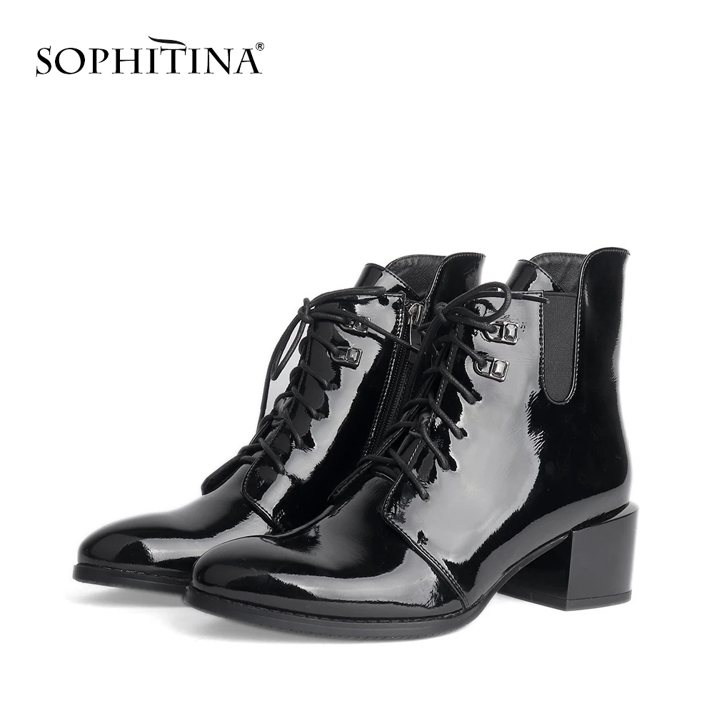 SOPHITINA/Черные Теплые ботильоны Высококачественная женская обувь из лакированной