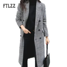 Винтажное клетчатое длинное шерстяное пальто для женщин, модное двубортное пальто с отложным воротником в Корейском стиле, женская верхняя одежда на осень и зиму