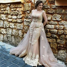 Вечернее кружевное платье цвета шампанского, со съемным шлейфом размера плюс, платья для выпускного вечера, вечерние платья с прозрачным воротником и рукавом-крылышком