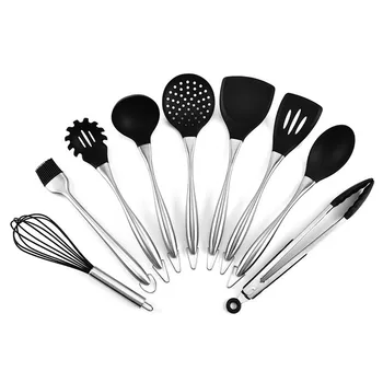 

Premium Kitchen Utensils 9-PCS Cooking Set Stainless Steel & Silicone Ladle Spatulas TongsNon-Stick Cookware Kitchen Tools