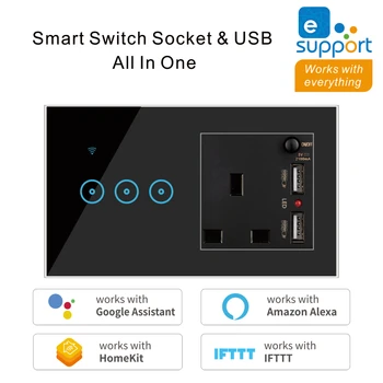 

WiFi Smart Switch UK Standard Plug Socket USB Charger Touch Wall Light Switches Work with Alexa Google Home 1/2/3 Gang