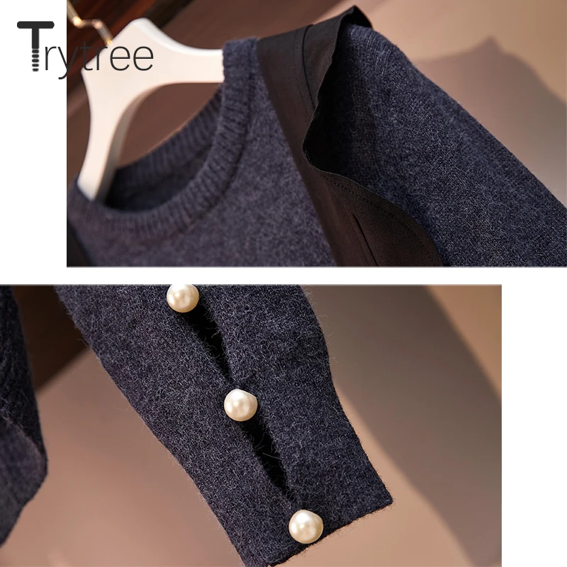 Trytree, осенне-зимний комплект из двух предметов, повседневный однотонный топ с круглым вырезом+ штаны на бретельках, с оборками, на пуговицах, Модный комплект из 2 предметов