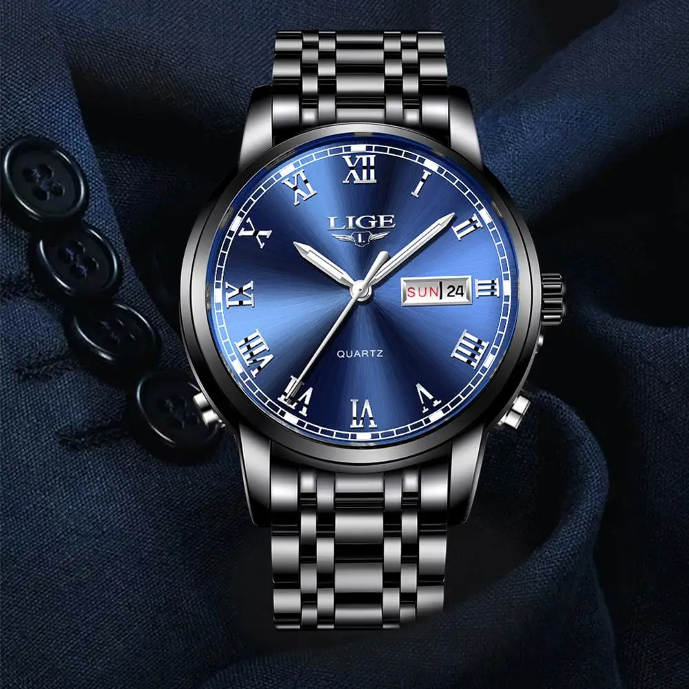 Часы Relojes Hombre LIGE мужские топовые роскошные модные кварцевые золотые часы из стали