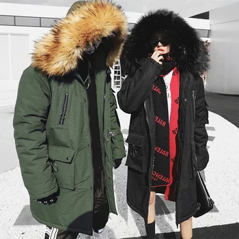 

Large fur collar coat 2019 winter men's thick warm long cotton Liner parka lovers loose jacket Japan Style Black Army Green