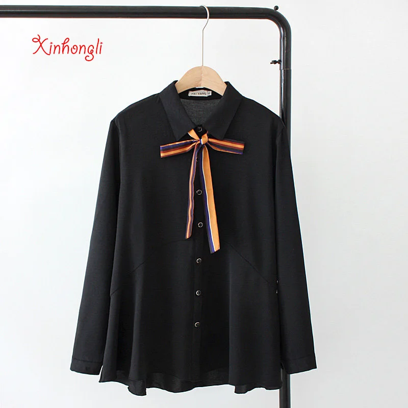 

Plus size solid black white cotton women blouse 2020 new spring autumn office ladies bow shirts female tops oversize