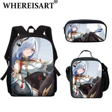 

WHEREISART Newest Game Genshin Impact Unisex Role ShenHe Pattern 3pcs/Set Backpack School Bag Cartoon Lunch Pencil Packages Gift