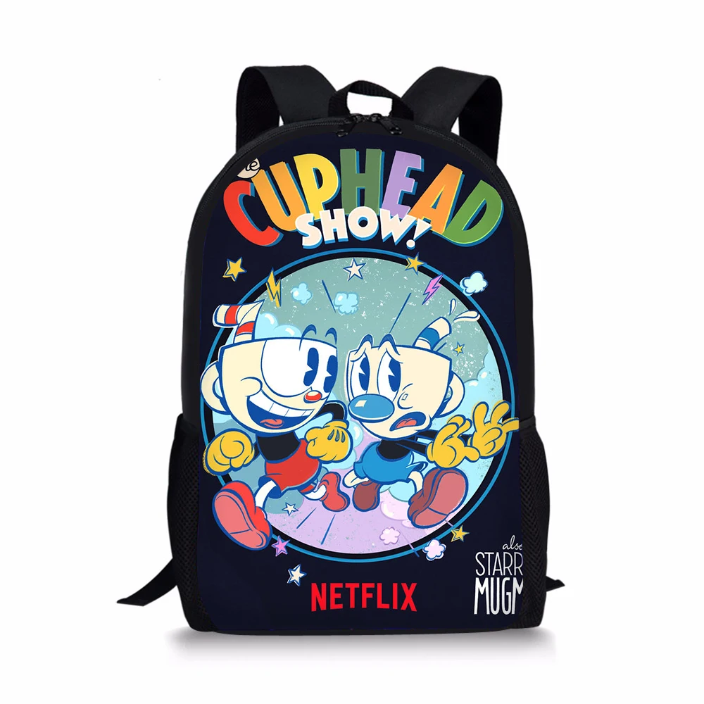 School Bag for Boys Cuphead Mugman 3D Print Black Backpack Kid Children Bookbag Students Customize Image Bagpack Mochila