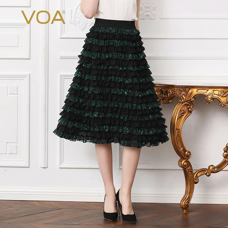 

VOA Silk Black Black Elastic Middle Waist Contrast Green Printed Fungus Half-length Youth Heavy Cake Skirt CLA03201