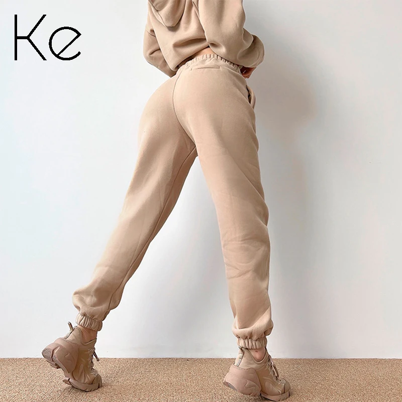 

KE Women's sports sweat pants black beige thickened warm feet trousers loose and thin sports fitness pants casual