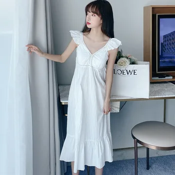 

Womens Cotton Long Sleeping Dress White Pink Nightgown Sleeveless Summer Nightdress Elegant Vintage Nightgowns For Sleeping