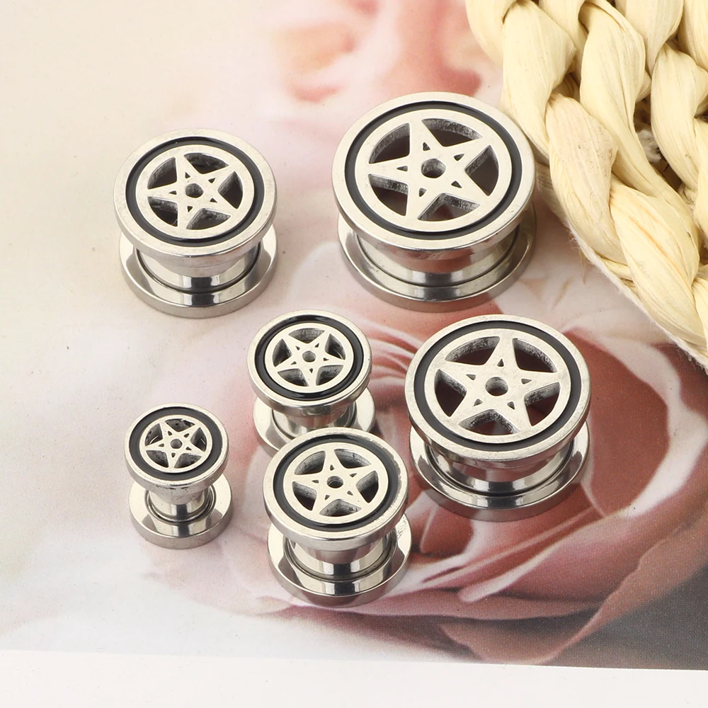 JunlowPY Pentgram Star Ear Plug Tunnels Piercing 316L Stainless Steel Expander for Ear Body Piercing Wholesaless Men Cool 6-16mm