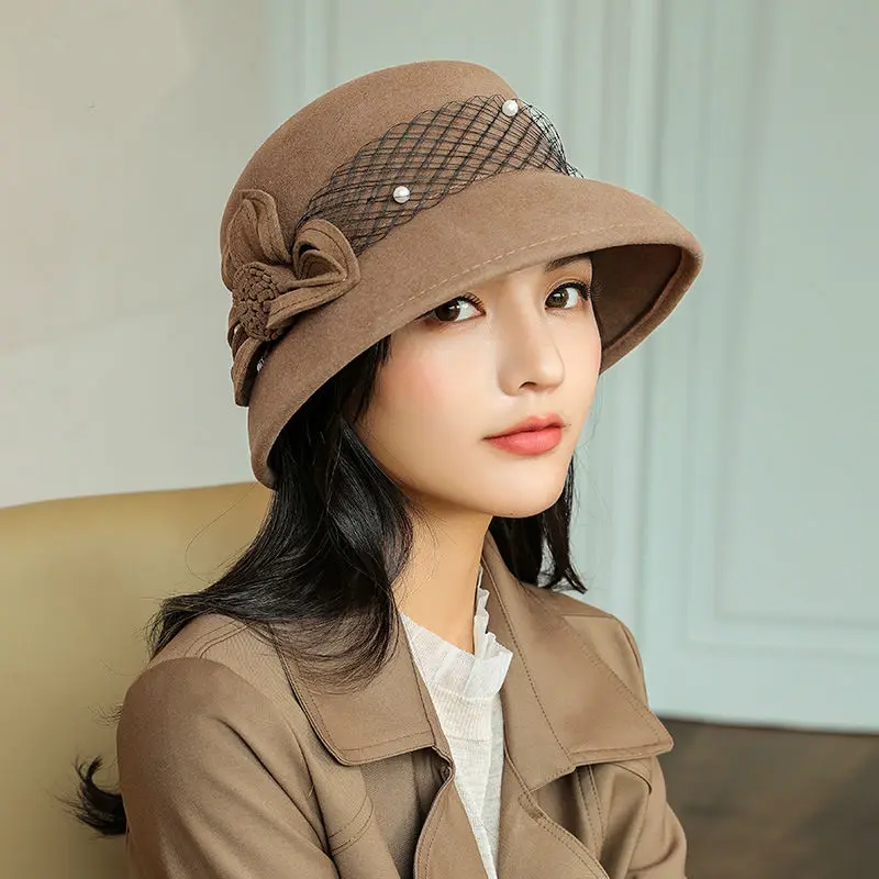 

Mother Gift Top grade 100% Australia Wool Cloche Hats Lady Party Formal Fedora Hat Women Winter Elegant Flower Felt Hat 56-58cm