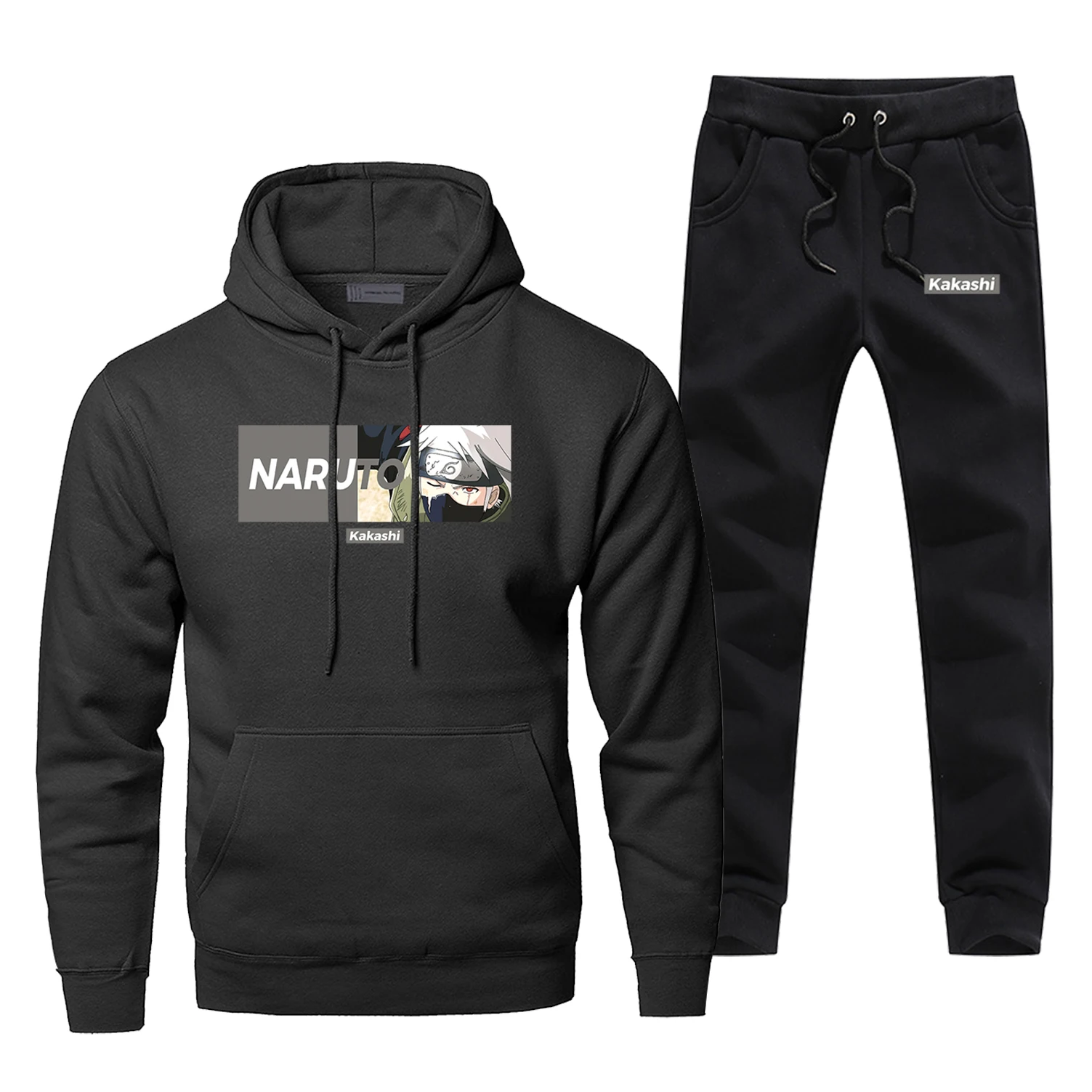 Cool Japanese Anime Naruto Kakashi Print Hoodie Tracksuit Men 2Piece Sets Hoodies+pants Winter Warm Fleece Sportswear Sweatshirt - Цвет: Black
