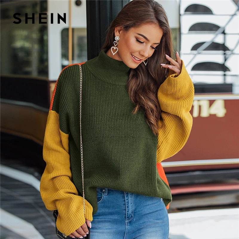 Шеин многоцветный свитер в рубчик с высоким воротом, Повседневный свитер, женские топы, осенняя уличная одежда с длинным рукавом, цветные женские зимние свитера