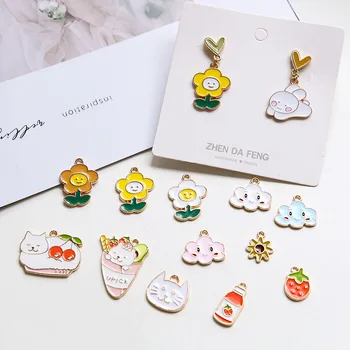 

10pcs/pack Cartoon Cat Flower Cloud Rabbit Enamel Charms Metal Pendant Earring DIY Fashion Jewelry Making golden color