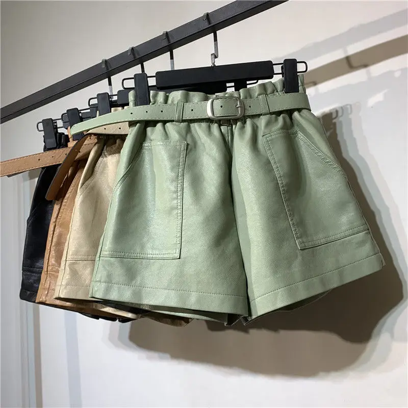 Belt Included Korean Style High Waist Pu Leather Shorts Womens Autumn Winter Booty Shorts