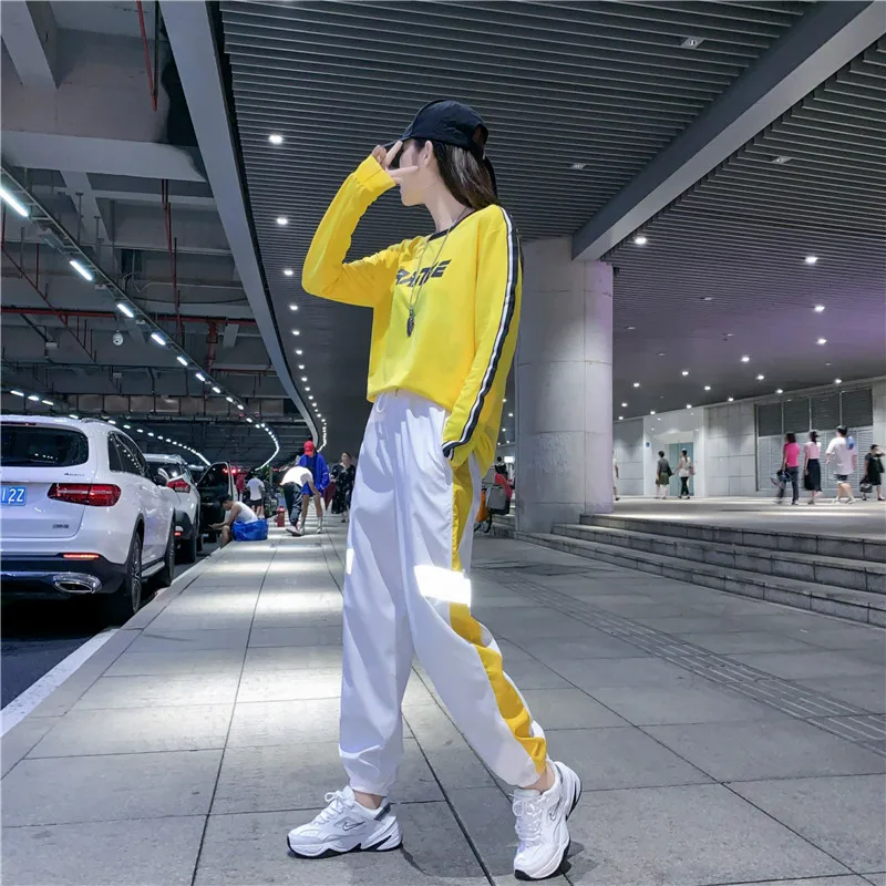 8895 white yellow Новинка, модные женские штаны в стиле хип-хоп, свободные штаны-шаровары с высокой талией, женские облегающие штаны в стиле хип-хоп, повседневные Светоотражающие штаны в полоску - Цвет: 8895 white yellow