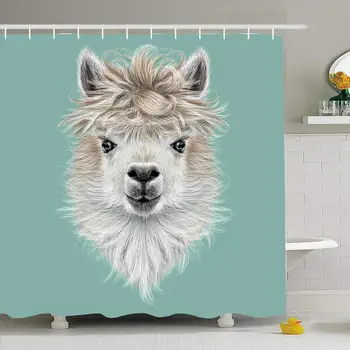 

Shower Curtain Set with Hooks 72x78 Llama Village Fur Or Animal Peru Illustrated Animals Face Chile Peruvian Wildlife Eyes