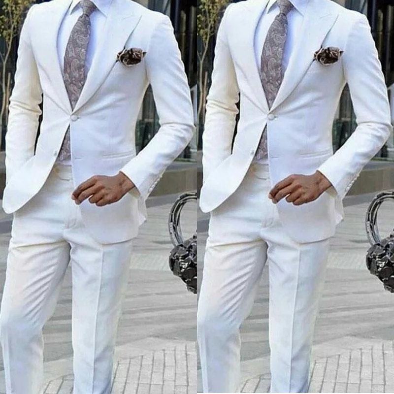 83White Formal Mens Suits For Wedding Two Pieces Groomsmen Tuxedos Men Blazers PromPartyBusiness Wears(Jacket+Pant)